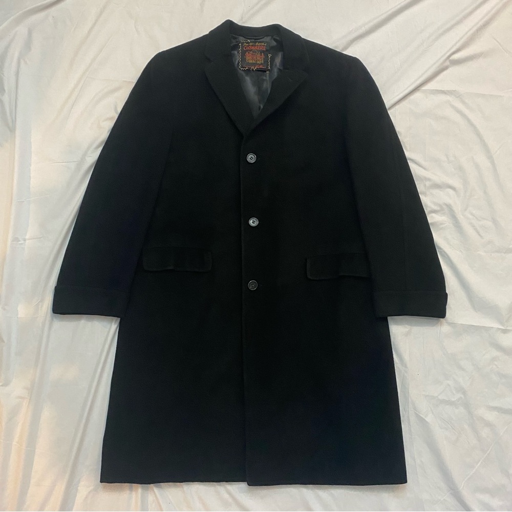 Men's 100% Cashmere Black Long Overcoat, Size Large